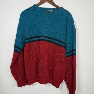 Scandia Vintage Colorblock Marled Knit Crewneck Sweater Size Large Teal Red